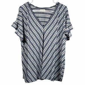 Max Studio Top Womens 2X Blue White Striped Ruffled Cap Sleeves V Neck
